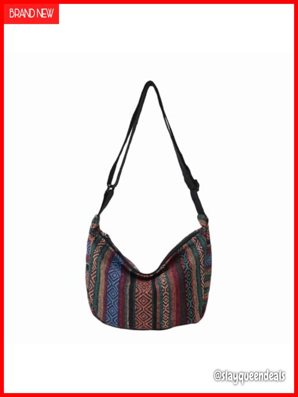 Boho woven hobo crossbody bag, ethnic geometric pattern, adjustable strap